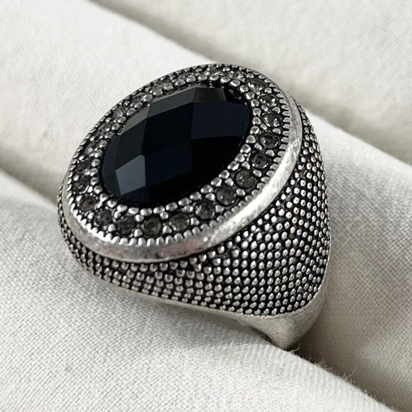 PD-77 Premier Designs Jewelry Onyx Silver Crystal Black Glass Ring RV 49 - Picture 3 of 5